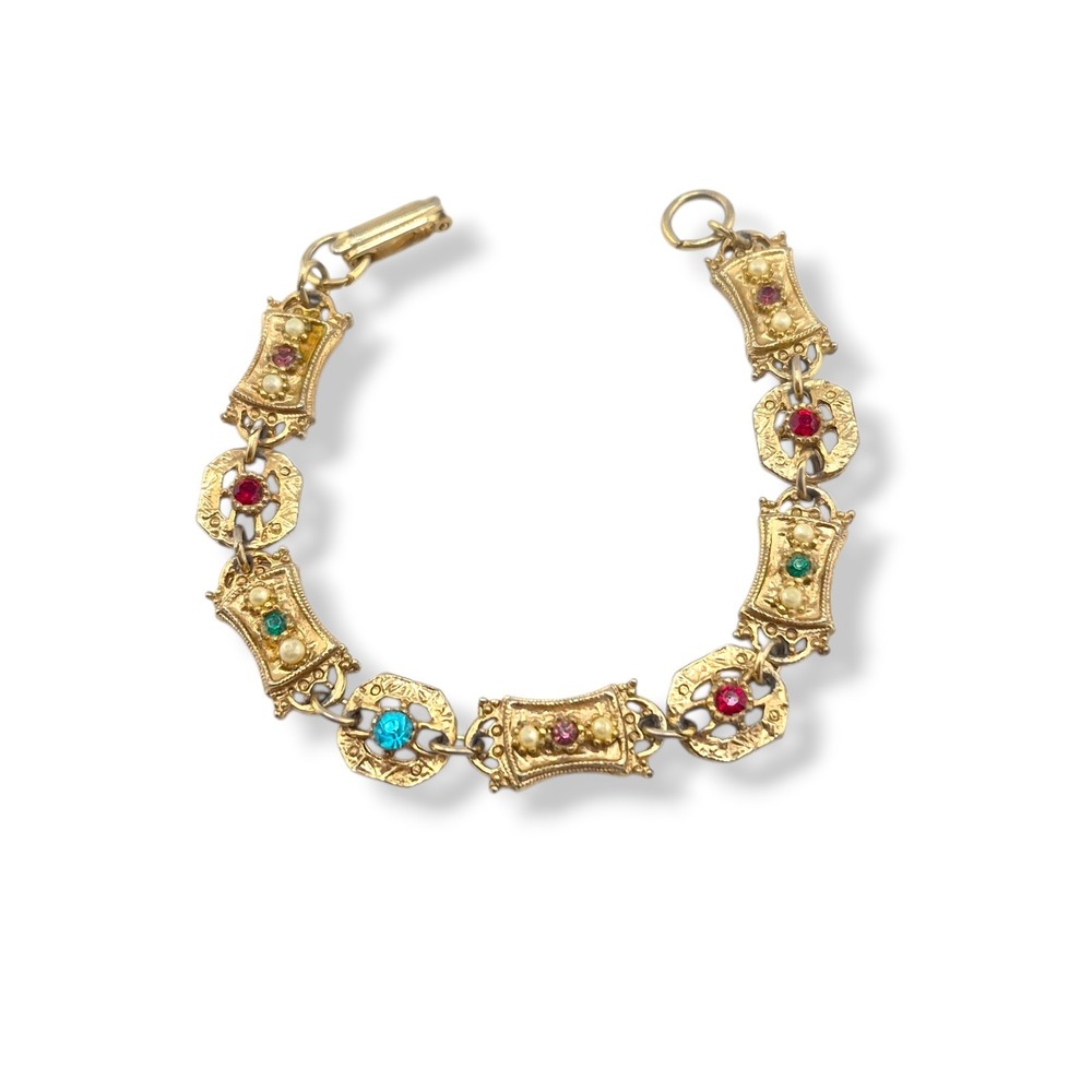 1972 Sarah Coventry Minuet Bracelet Vintage Gold Tone Rhinestone Faux Pearl Link